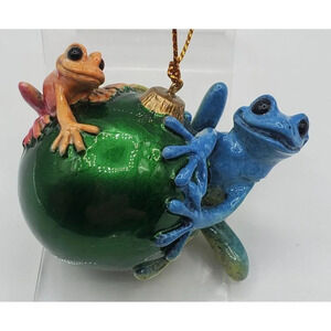 2003 Kitty's Critters Frog Ornaments Colorful Looking For Santa 3" Holiday w/Box